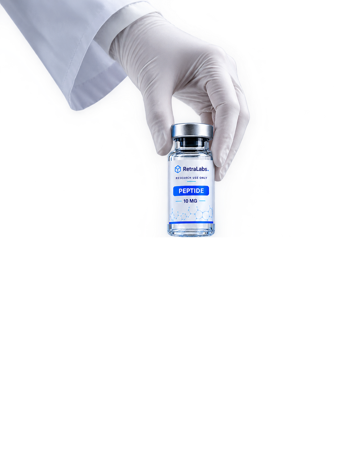 Gloved hand holding a RetraLabs peptide vial